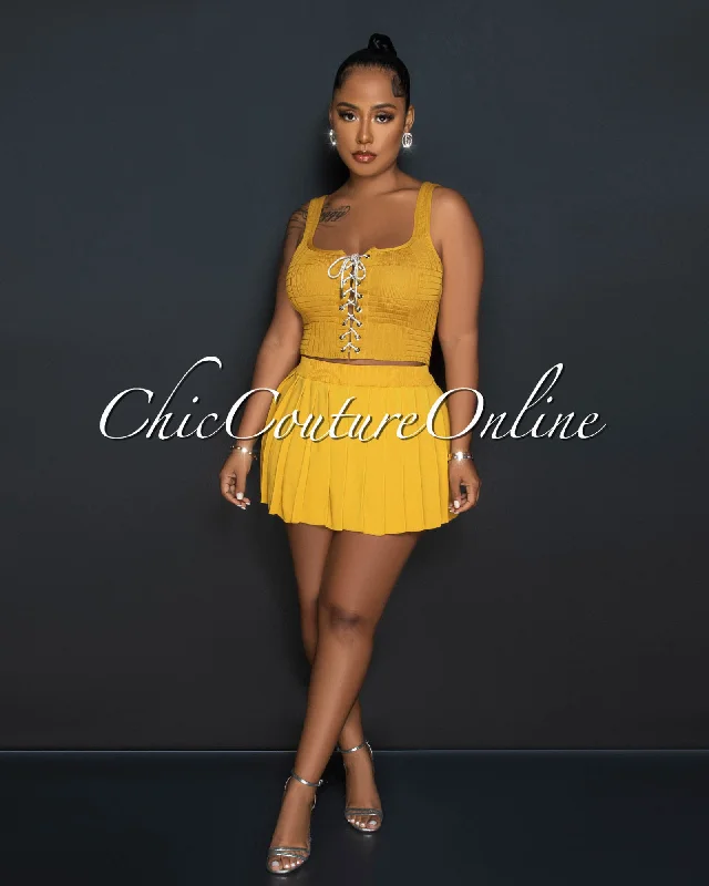 Barney Mustard Rhinestones Lace-Up Top & Mini Pleated Skirt Set lace skirt romantic