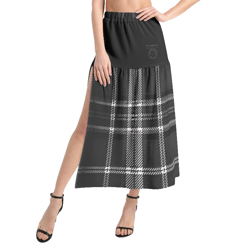 Yahuah-Tree of Life 02-04 + Digital Plaid 01-06A Designer Elastic Waist Ruffle Slit Hem Flare  Maxi Skirt wool skirt warm