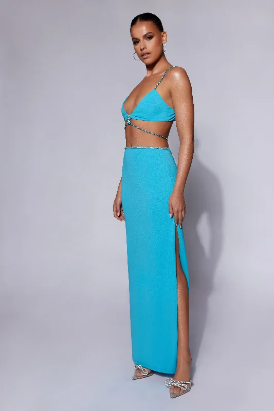 Sweeney Diamante Maxi Skirt With Split - Cyan Blue wool skirt warm