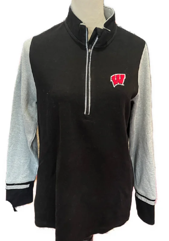 Antigua Women's Black & Gray Half-Zip Wisconsin Sweatshirt Pullover Size XL MSP$80 Hoodie with Ribbed Hem Stretchable Secure