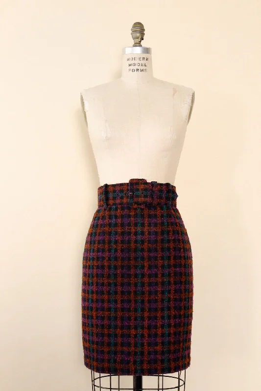 Nubby Plaid Belted Pencil Skirt M leather skirt durable