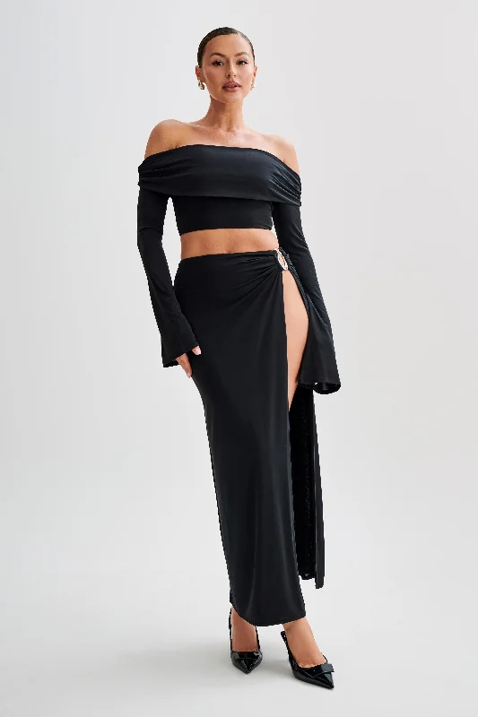 Suri Slinky Maxi Skirt With Silver Hardware - Black asymmetrical skirt cut