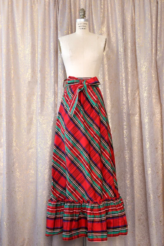 Festive Plaid Taffeta Maxi Skirt L silk skirt sleek