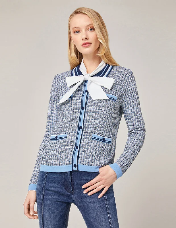 MARYLING MODERN TWEED POLO-INSPIRED POCKET CARDIGAN. Open Front Closed Front Wrap Front