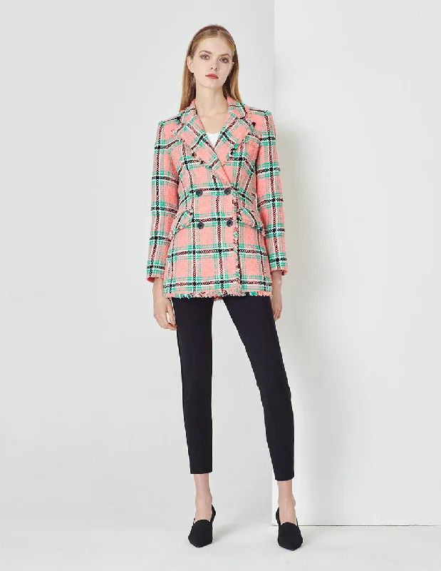 MARYLING Lapel Collar Pink And Green Plaid Double-Breasted Retro Blazer Women's Navy Jacket