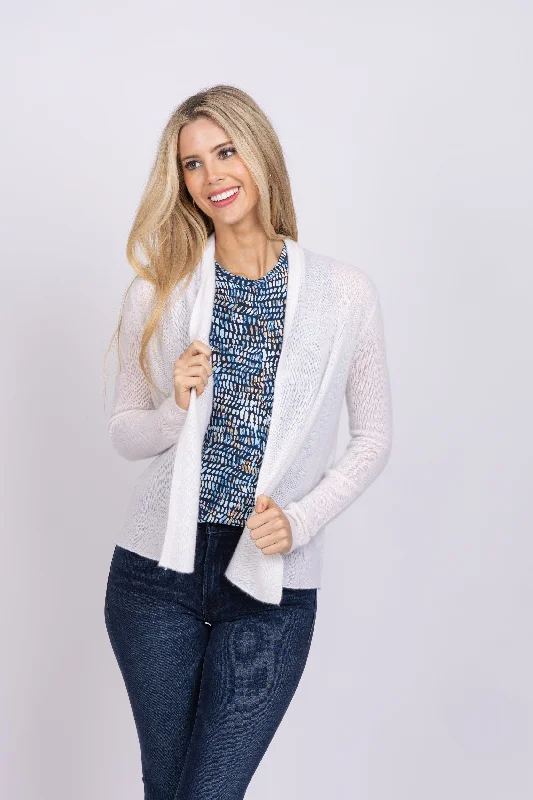 White+Warren Essential Cashmere Mini Trapeze Cardigan in Soft White Print Jacquard Patchwork