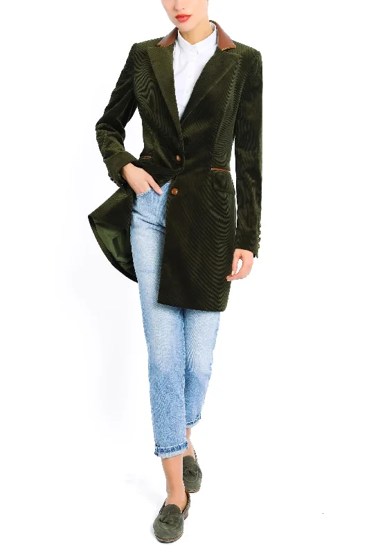 Long blazer from olive cashmere-corduroy Cotton Blend Blazer