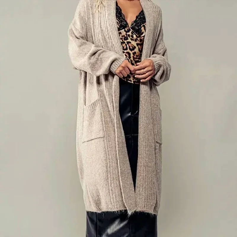 Elongated Soft Knit Open Cardigan In Beige Ribbed Striped Patterned