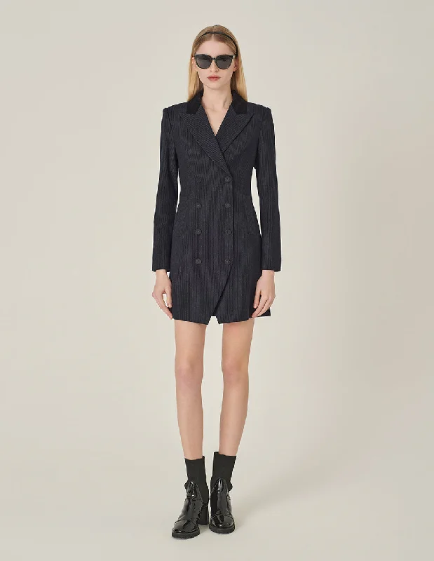 MARYLING Navy Striped Double-Breasted Long Trench Blazer Women's Denim Suit