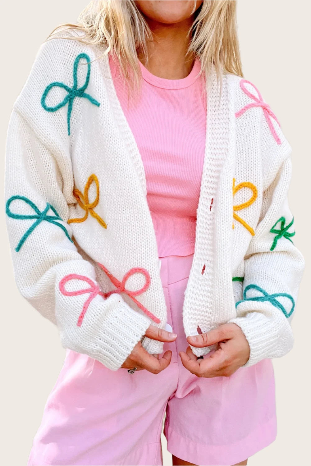 Playful Bows Knit Button-Up Cardigan Button Cardigan Zip Cardigan Pullover Cardigan