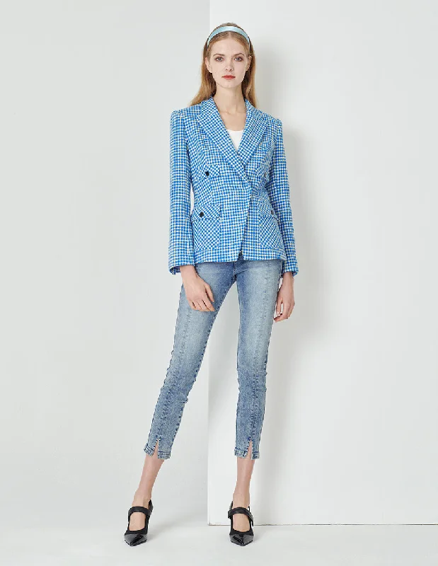 MARYLING Peak Lapels Blue And White Checks Slim Fit With Button Pockets Blazer Milan Custom Blazer