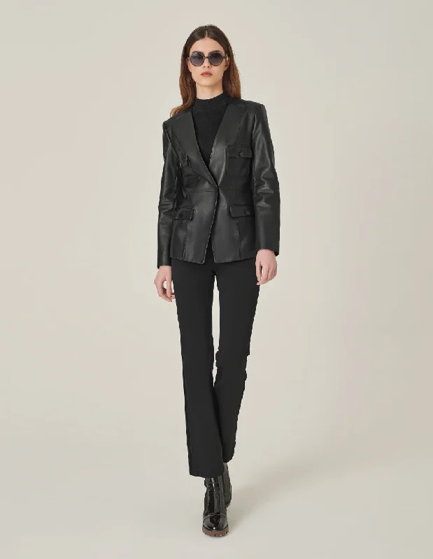 MARYLING Black Collarless Lambskin Blazer With Multiple Pockets Women's Formal Blazer