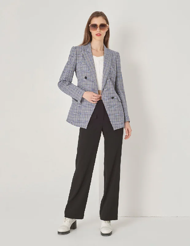 MARYLING Grey Check Gun Lapel Double Breasted Slim Blazer Women's Elegant Suit