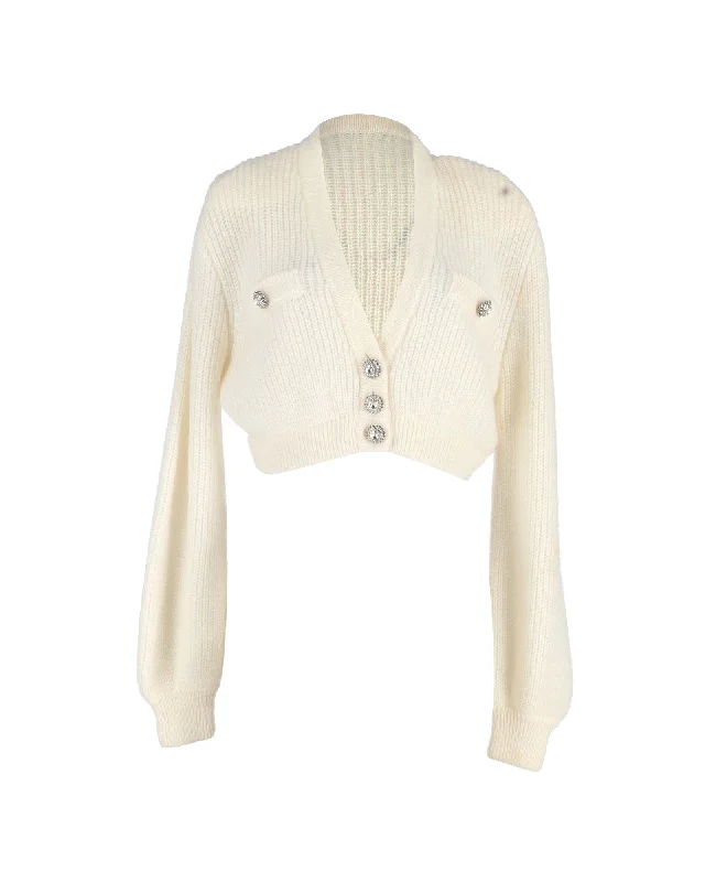 Alessandra Rich Crystal-Button Cropped Cardigan in Cream Wool Chenille Blend Fleece Blend Nylon Blend