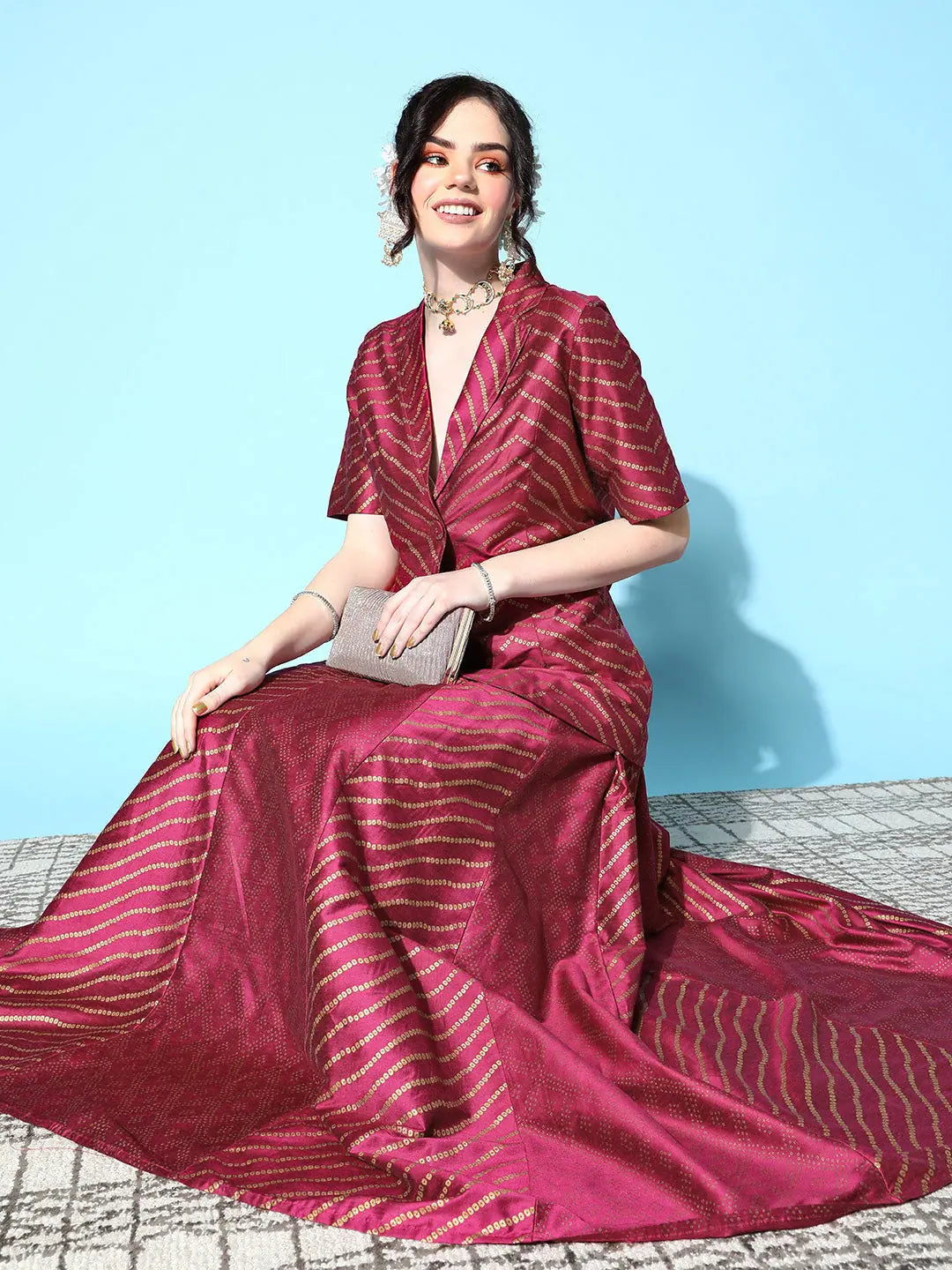 Women Burgundy Cotton Silk Foil Blazer With Anarkali Skirt Women's Business Blazer