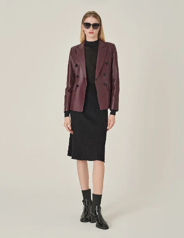 MARYLING Burgundy Peaked Lapel Double-Breasted Sheep Blazer Women's Short Blazer