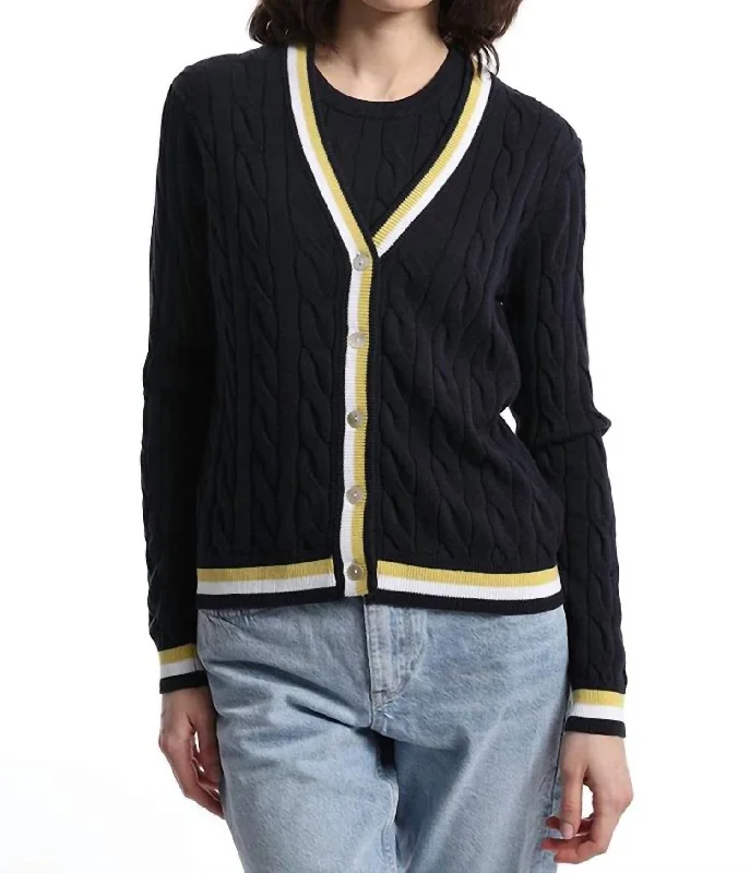 Cotton Cable Cardigan In Navy Satin Blend Silk Blend Wool Blend