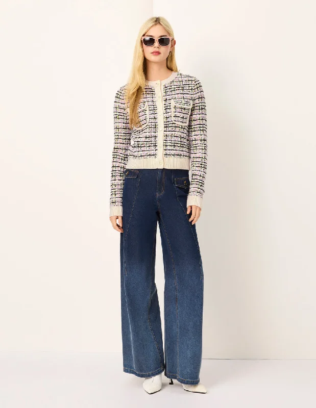 MARYLING Colorful Checkered Round-Neck Long-Sleeve Cropped Knit Cardigan Front Pockets Side Pockets Patch Pockets