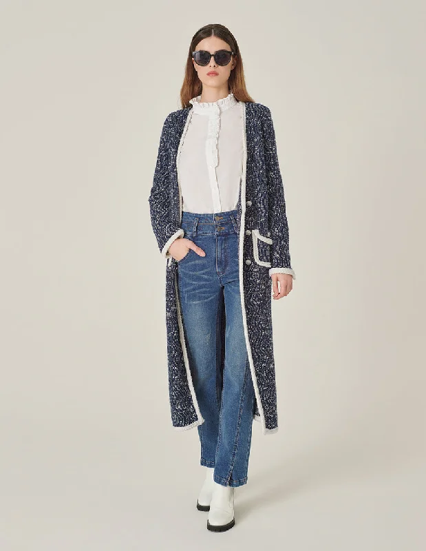 MARYLING V-Neck Long-Sleeve Straight Tweed Knitted Long Cardigan Jacket Machine Wash Dry Clean Hand Wash