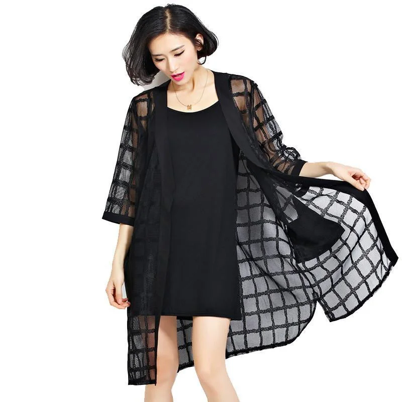 Women Loose Air Conditioner Coats Black Perspective Grids Long Plus Big Size Plaid Cardigan Women's Clothing Nylon Fabric Polyester Fabric Spandex Fabric