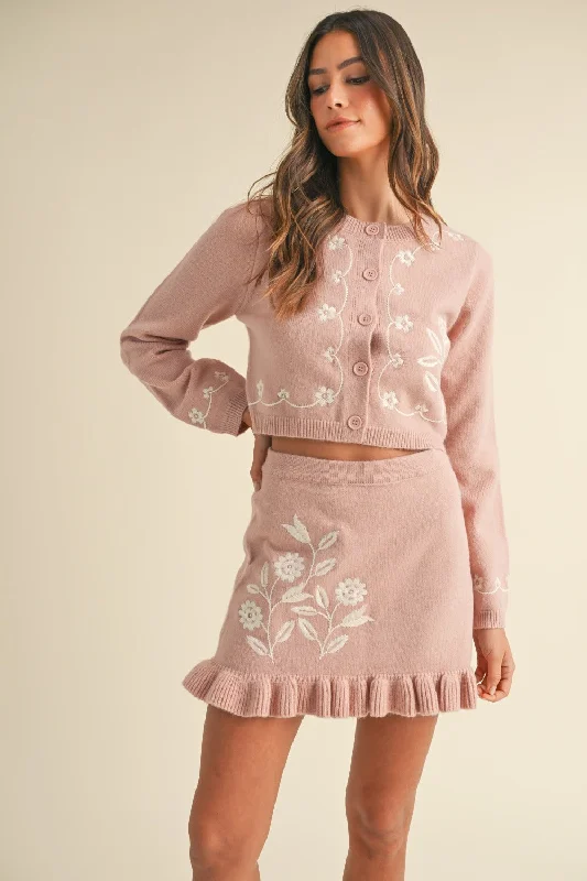 Floral Embroidered Crop Cardigan and Ruffled Mini Skirt Set Zippered Front Buttoned Front Snap Front