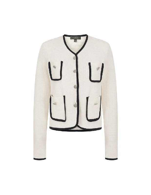 MARYLING White Contrast Pocket Knitted Cardigan Asymmetrical,ymmetric Pencil Cardigan