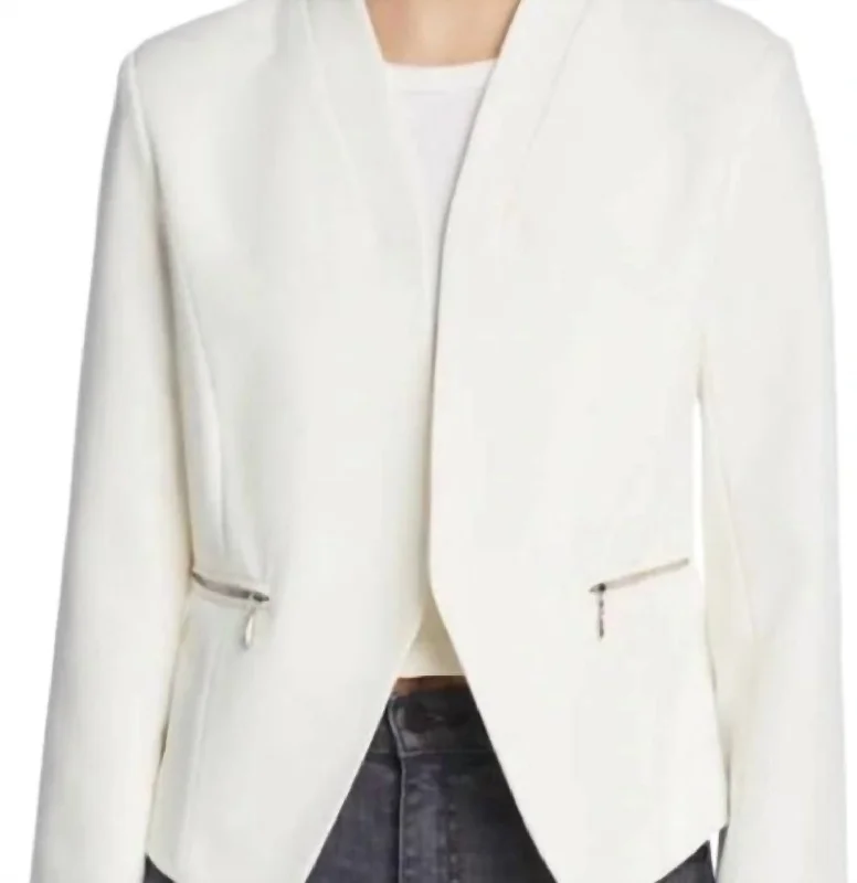 Zipper Pockets Collarless Open Front Blazer In White Women's Boutique Suit