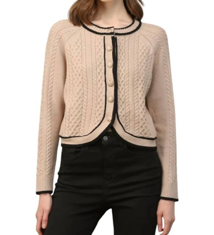 Bailey Cable Knit Cardigan With Contrast Trim In Taupe/black Wool Fabric Cashmere Fabric Tweed Fabric