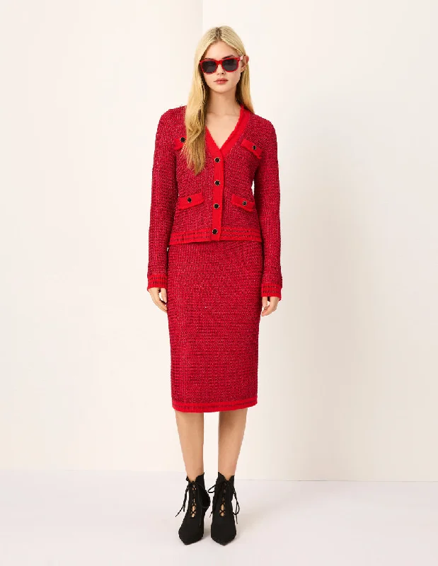 MARYLING Bright Red Mutil-Pockets Cropped Knit Cardigan Boat Neck Shawl Collar Notched Collar