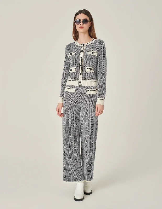 MARYLING Crew-Neck Long-Sleeve Cropped Multi-Pockets Wool Knitted Cardigan Fitted Slim Tailored