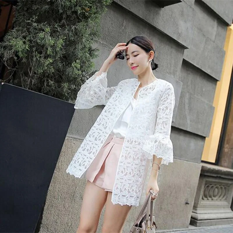 Women Blouses Fashion Horn Sleeve Blouse Cardigan Sun Lace Shirt Women Tops Shirts Sunscreen Clothing Silk Blend Satin Velvet