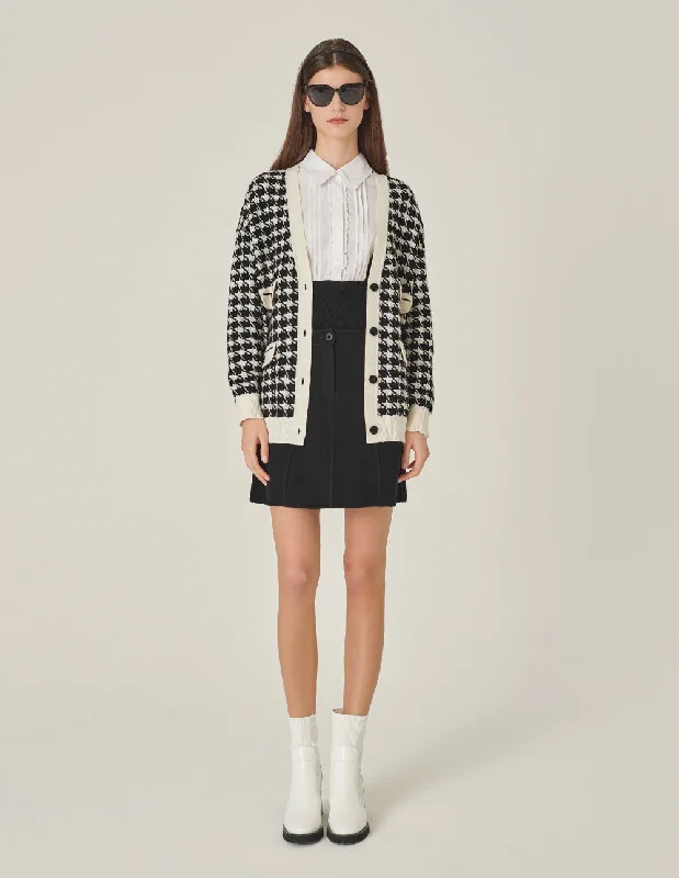 MARYLING Houndstooth Multi-Pocket Long-Sleeved Knitted Cardigan Fleece Cardigan Nylon Polyester