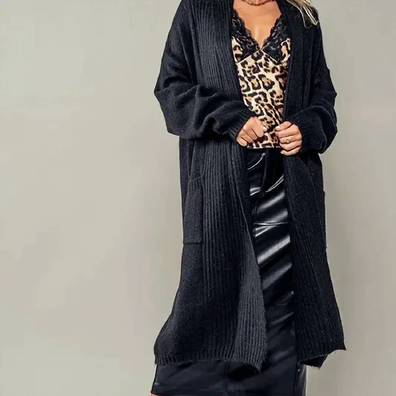 Textured Soft Ribbed Knit Long Open Cardigan With Front Pockets One Sizewith Front Pockets In Black Velvet Chenille Corduroy