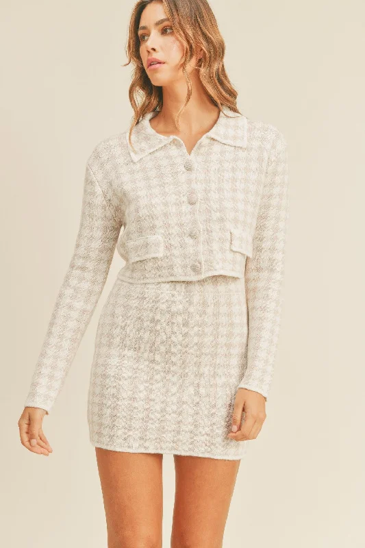 Houndstooth Cropped Knit Cardigan and Mini Skirt Set Front Pockets Side Pockets Patch Pockets