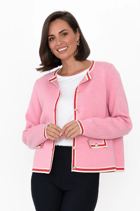 Lady Pink Trim Cotton Blend Cardigan Zippered Front Buttoned Front Snap Front