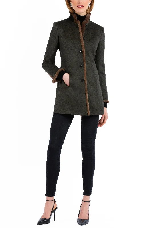 Long blazer in dark-green combed cashmere with chestnut mink trim Women's Elegant Suit