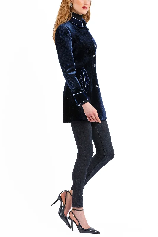 Long Blazer from dark blue embossed velvet. New Women's Blazer