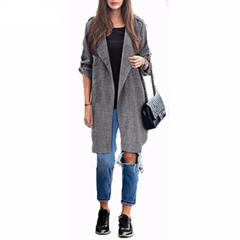 Women Slim Fashion Casual Lapel Windbreaker Cape Coat European Style Linen Cardigan Jacket Cashmere Blend Cotton Blend Poly Blend