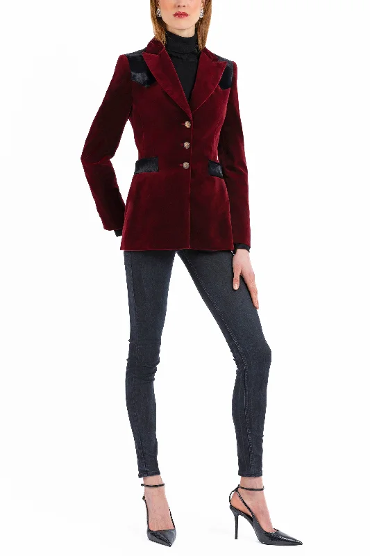 Blazer in deep crimson-red velvet with black pony-hair-velvet accents Women's Advanced Suit