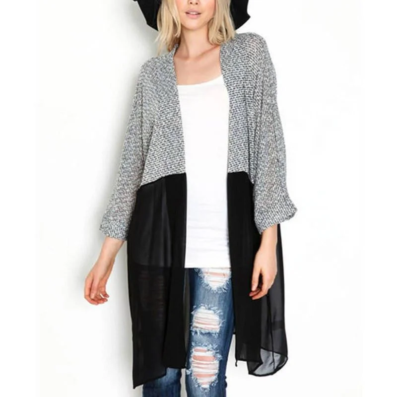 Women Cardigan Knitted Chiffon Blouse Shirt Female Long Casual Chiffon Cardigans Plus Size Hooded Caped Shawl Collar