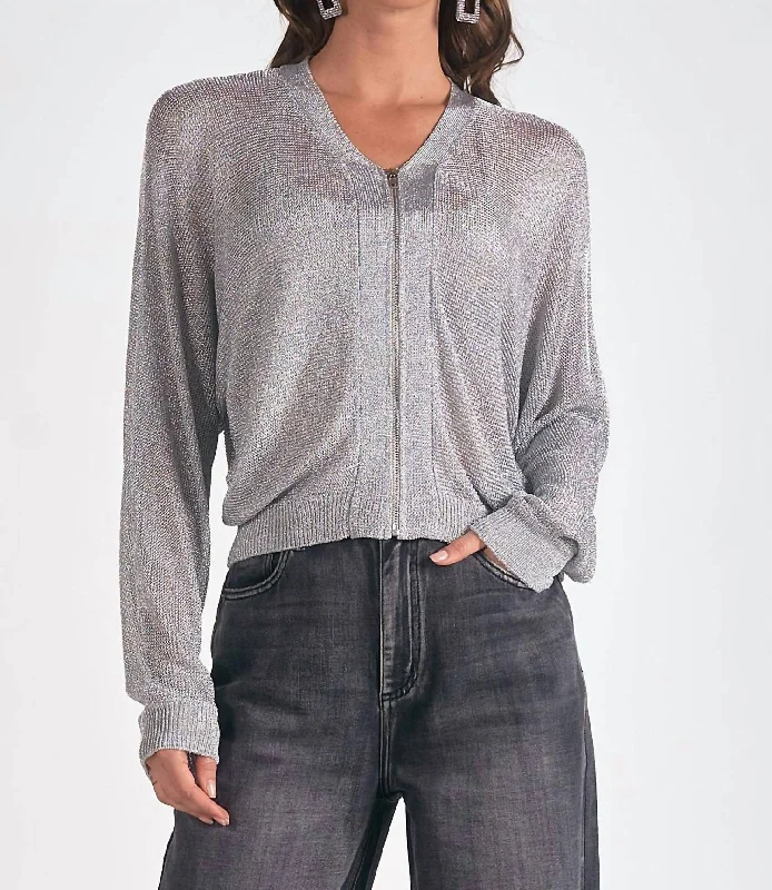 Metallic Zip Sweater Cardigan In Silver Modern Contemporary chic