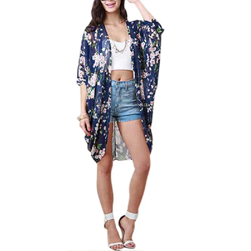 Fashion Women Blouse Beach Boho Cardigan Floral Printed Half Sleeve Casual Loose Long Beach Blouses For Women Toggled Drawstring Belted