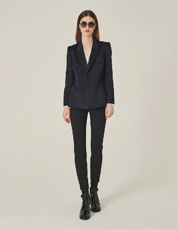 MARYLING Dark Blue Wool Lapel Double-Breasted Blazer Women's Simple Jacket