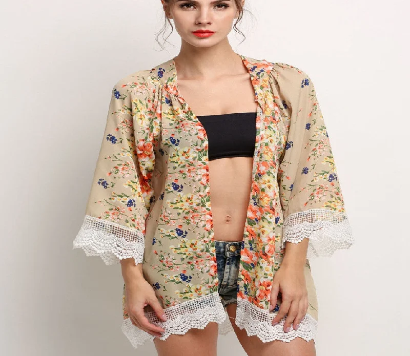 Blouses Floral Pattern Printed Lace Cardigan Fashion Women Blouse Shirt Batwing Sleeve Polka Dot Checkered Tartan