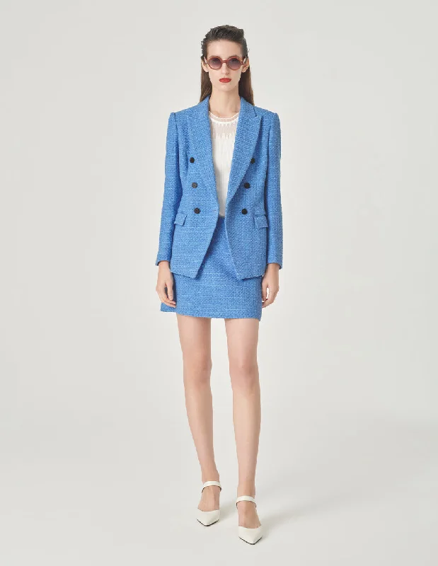 MARYLING Ice Blue Tweed Peaked Lapel Double-Breasted Blazer Women's Premium Blazer