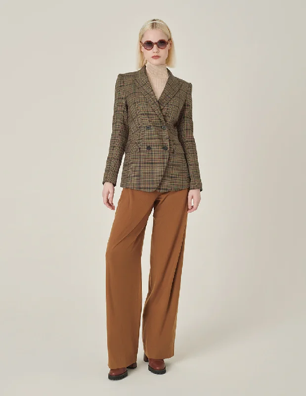 MARYLING Camel Peaked Lapel Double-Breasted Plaid Blazer Women's Classic Suit