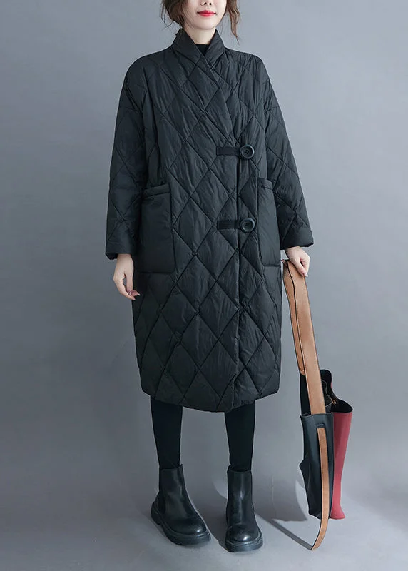 Black Pockets Patchwork Cotton Filled Long Parka V Neck Long Sleeve Casual Fleece-Lined Parka