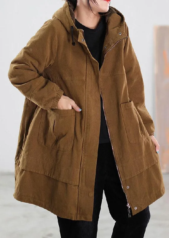 Casual Khaki drawstring Pockets Cotton Filled Parka Winter Trendy Drawstring Parka Coat