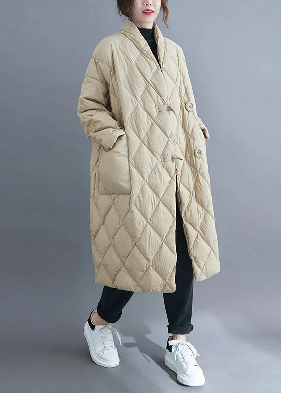 French Beige V Neck Button Pockets Cotton Filled Long Parka Winter Thermal Padded Parka Jacket