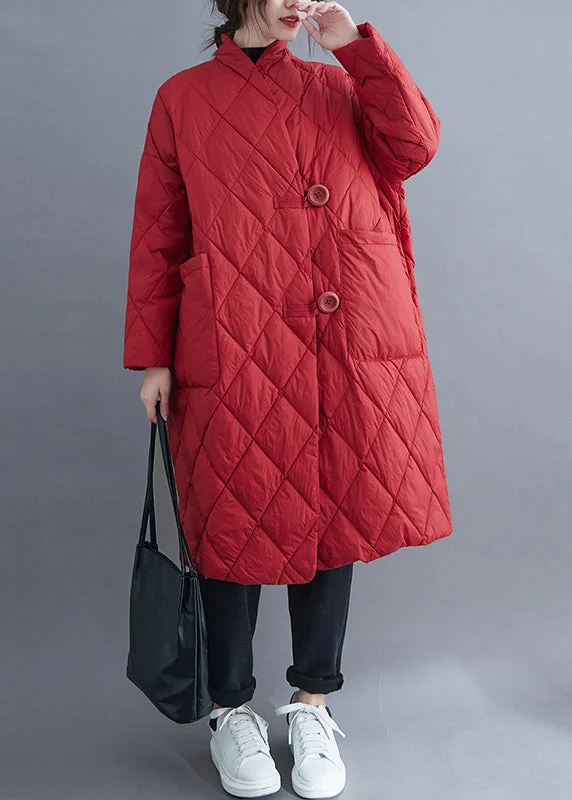 Plus Size Red Button Pockets Cotton Filled Long Parka Winter Waterproof Windproof Parka Coat